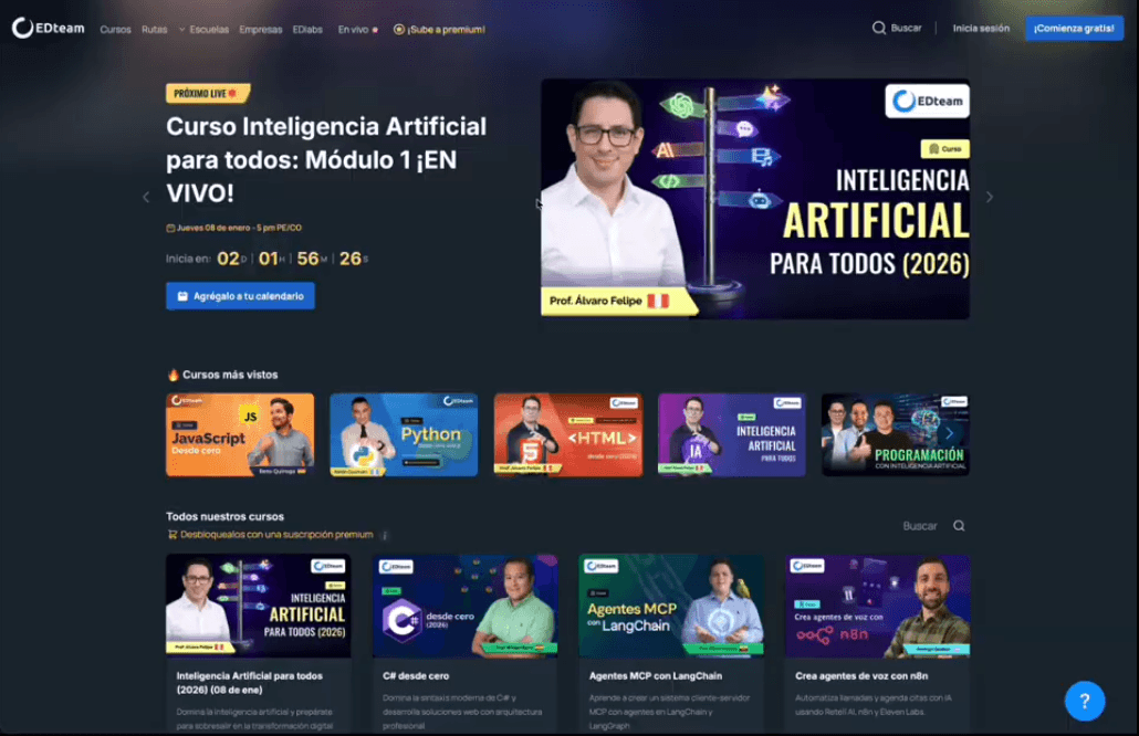 Vista previa de la sección de cursos de EDteam