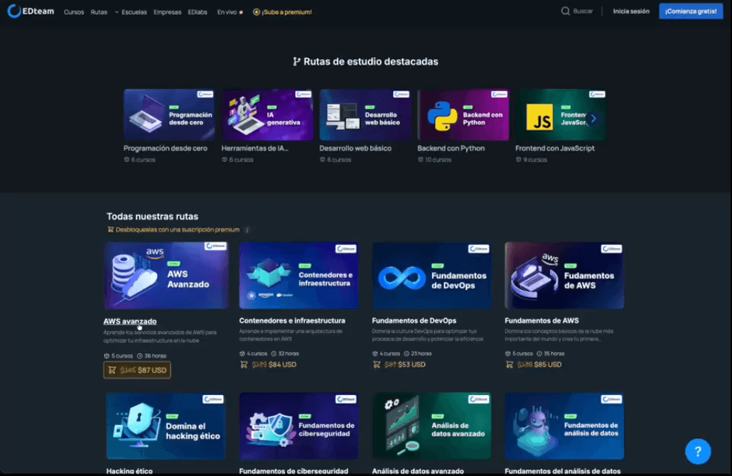 Vista previa de la sección de rutas de EDteam