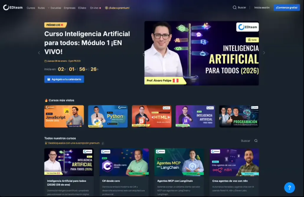 Vista previa de la sección de cursos de EDteam